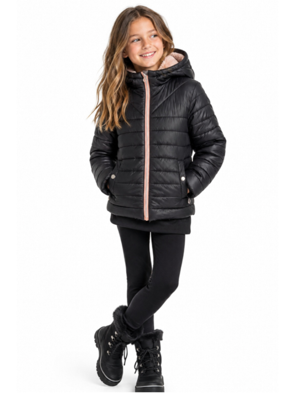 Michael Kors Girls Black Puffer Jacket Pink Fleece Lined Hood Size 14